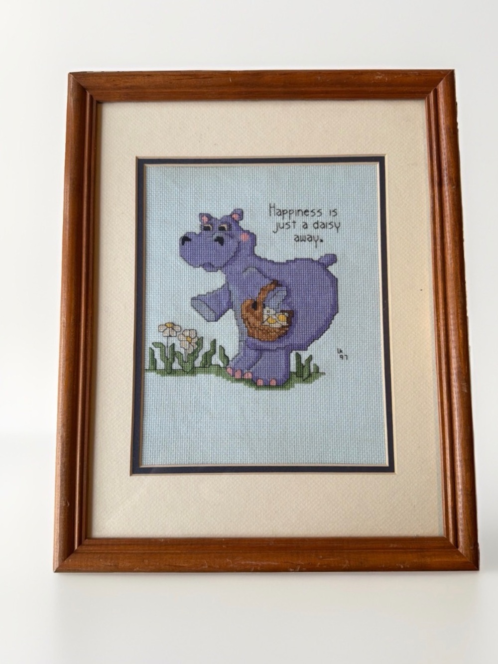 Vintage 1997 Finished Cross Stitch Framed Hippo Happiness Is Just A Daisy Away